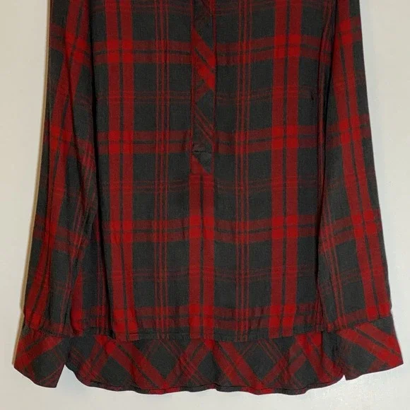 Cabi Top Womens Medium Red Black Plaid 1/2 Button Up Blouse Hi Low Festive Boho - Picture 3 of 16